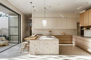 esquina de moderno cocina con blanco y de madera paredes, hormigón piso, blanco encimeras con construido en lavabo y Horno foto