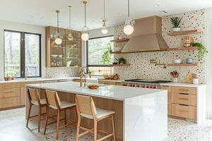 esquina de moderno cocina con blanco y de madera paredes, hormigón piso, blanco encimeras con construido en lavabo y Horno foto