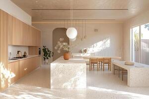 esquina de moderno cocina con blanco y de madera paredes, hormigón piso, blanco encimeras con construido en lavabo y Horno foto
