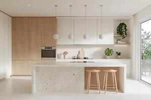 esquina de moderno cocina con blanco y de madera paredes, hormigón piso, blanco encimeras con construido en lavabo y Horno foto