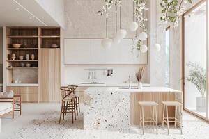 esquina de moderno cocina con blanco y de madera paredes, hormigón piso, blanco encimeras con construido en lavabo y Horno foto