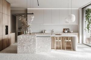 esquina de moderno cocina con blanco y de madera paredes, hormigón piso, blanco encimeras con construido en lavabo y Horno foto