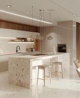 esquina de moderno cocina con blanco y de madera paredes, hormigón piso, blanco encimeras con construido en lavabo y Horno foto