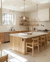 esquina de moderno cocina con blanco y de madera paredes, hormigón piso, blanco encimeras con construido en lavabo y Horno foto