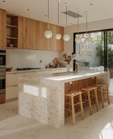 esquina de moderno cocina con blanco y de madera paredes, hormigón piso, blanco encimeras con construido en lavabo y Horno foto