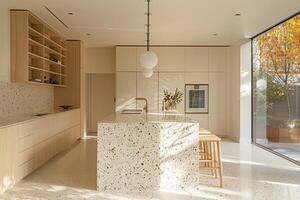 esquina de moderno cocina con blanco y de madera paredes, hormigón piso, blanco encimeras con construido en lavabo y Horno foto