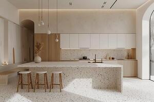 esquina de moderno cocina con blanco y de madera paredes, hormigón piso, blanco encimeras con construido en lavabo y Horno foto