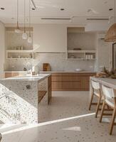 esquina de moderno cocina con blanco y de madera paredes, hormigón piso, blanco encimeras con construido en lavabo y Horno foto
