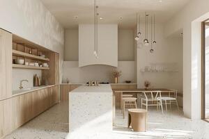 esquina de moderno cocina con blanco y de madera paredes, hormigón piso, blanco encimeras con construido en lavabo y Horno foto