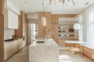 esquina de moderno cocina con blanco y de madera paredes, hormigón piso, blanco encimeras con construido en lavabo y Horno foto
