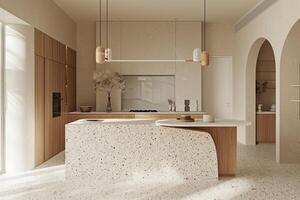 esquina de moderno cocina con blanco y de madera paredes, hormigón piso, blanco encimeras con construido en lavabo y Horno foto