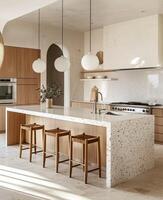esquina de moderno cocina con blanco y de madera paredes, hormigón piso, blanco encimeras con construido en lavabo y Horno foto