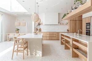 esquina de moderno cocina con blanco y de madera paredes, hormigón piso, blanco encimeras con construido en lavabo y Horno foto