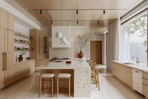 esquina de moderno cocina con blanco y de madera paredes, hormigón piso, blanco encimeras con construido en lavabo y Horno foto