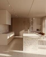 esquina de moderno cocina con blanco y de madera paredes, hormigón piso, blanco encimeras con construido en lavabo y Horno foto