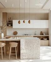 esquina de moderno cocina con blanco y de madera paredes, hormigón piso, blanco encimeras con construido en lavabo y Horno foto