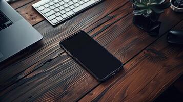 Top view of modern workspace with laptop, smartphone and plant on dark table photo