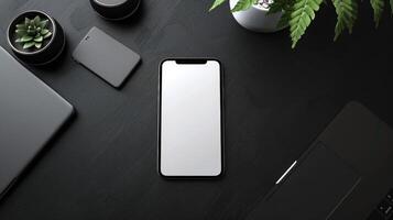 Top view of modern workspace with laptop, smartphone and plant on dark table photo
