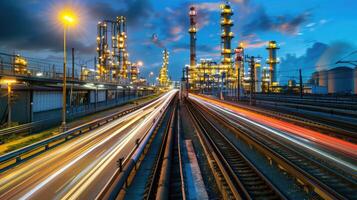 Industrial and Manufacturing Engineers and technicians working in industry refinery or power plant with blurred lights and structures in the background photo