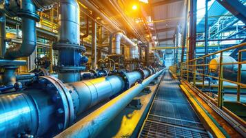 Industrial and Manufacturing Engineers and technicians working in industry refinery or power plant with blurred lights and structures in the background photo