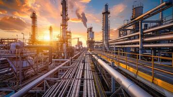 Industrial and Manufacturing Engineers and technicians working in industry refinery or power plant with blurred lights and structures in the background photo
