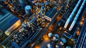 Industrial and Manufacturing Engineers and technicians working in industry refinery or power plant with blurred lights and structures in the background photo