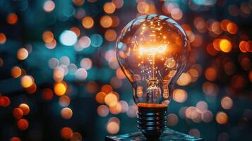 Innovation and Technology glowing light bulb with a beautiful bokeh background, creating a visually striking and inspirational effect photo
