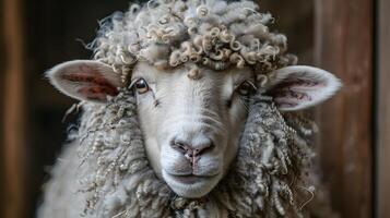 A close-up of a sheep's face with curly wool, detailed photo