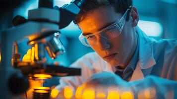 Lab technician with microscope, focused photo