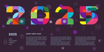 Abstract style combination number 2025 Happy New Year horizontal banner. Memphis geometric shapes celebration decoration calendar date. Modern trendy artwork. Colored simple eps print vector