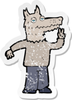 retro distressed sticker of a cartoon happy wolf man drawing png
