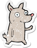 retro distressed sticker of a cartoon little dog waving drawing png