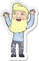 retro distressed sticker of a cartoon happy bearded man waving arms drawing png
