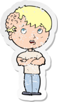 retro distressed sticker of a cartoon boy with growth on head drawing png