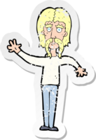 retro distressed sticker of a cartoon waving man with mustache drawing png