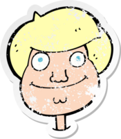 retro distressed sticker of a cartoon happy boys face drawing png