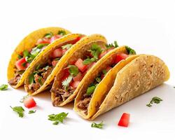 Three tacos with meat and vegetables on a white surface photo