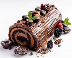 chocolate log cake with berries and chocolate photo
