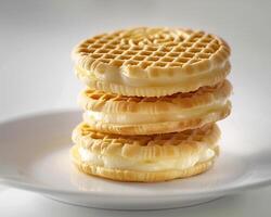 Three waffles are stacked on a plate photo