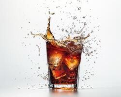 a glass of cola with ice and splash photo