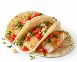 three fish tacos with tomatoes and cilantro photo