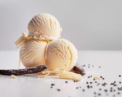 three scoops of ice cream with chocolate and vanilla photo