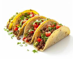three tacos with meat and vegetables on a white surface photo