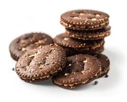 chocolate cookies with peanut butter on a white background photo