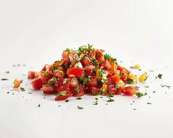 Chopped Tomatoes and Herbs on White Surface photo