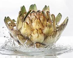 Artichoke Splashing Water on a White Surface photo