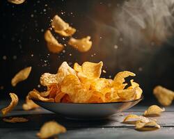 A Bowl of Chips Falling into the Air photo