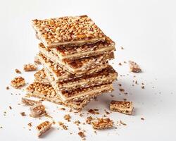 A Stack of Toffee Bars with Nuts on Top photo