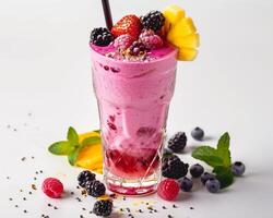 A Pink Smoothie with Berries and Other Fruits photo
