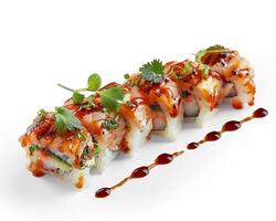 A Sushi Roll with Sauce and Garnish photo
